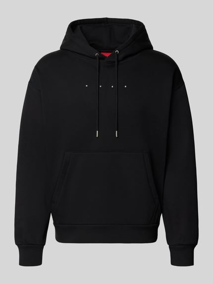 Produktfoto, schwarzes Oversized Sweatshirt aus reiner Baumwolle Modell 'Devrohood' von HUGO, glatte Struktur, Herren Sweatshirt