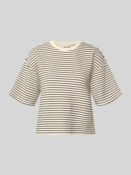 Produktfoto, Oversized Fit T-Shirt aus Viskose-Mit von MSCH Copenhagen, mieszanka wiskozy, krój oversized fit, okrągły dekolt, rękaw o dł. 1/2, Długość tyłu w rozmiarze XS/S: 54 cm, damski t-shirt w paski, beżowo-czarny, gładka faktura