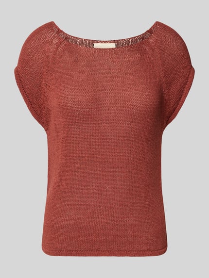 Produktfoto, T-Shirt in Strick-Optik mit Rundhalsausschnitt von Stefanel, Damen T-Shirt aus Baumwoll-Flachs-Mix, Straight Fit, Rostrrot, Struktur, Raglanärmel, Rückenlänge 52 cm bei Größe S