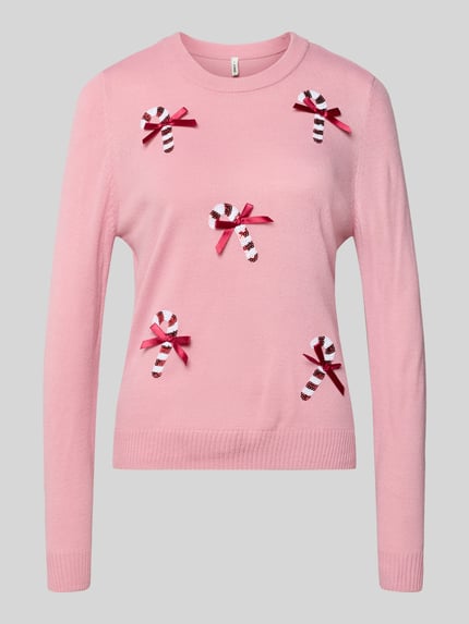 Produktfoto, Regular Fit Weihnachtspullover mit Pailletten-Motiv Modell 'XMAS SHINE' von Only, różowy, długi rękaw, dzianina, aplikacje, dekolt okrągły