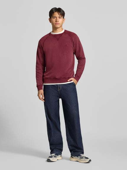 Mannenmodel draagt Regular Fit Sweatshirt aus reiner Baumwolle Modell 'Plush' van Replay, bordeauxrood, ronde hals, elastische boorden, katoen, regular fit, lengte rug maat M 66 cm, mouwlengte 63 cm, full body vooraanzicht.