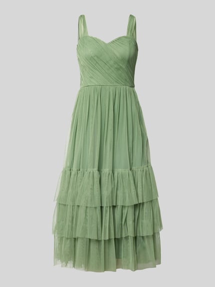 Productfoto, Knielanges Cocktailkleid im Stufen-Look van LACE & BEADS, groen mesh, a-lijn model, draperingen, knielang, borstwijdte 40 cm, ruglengte 104 cm
