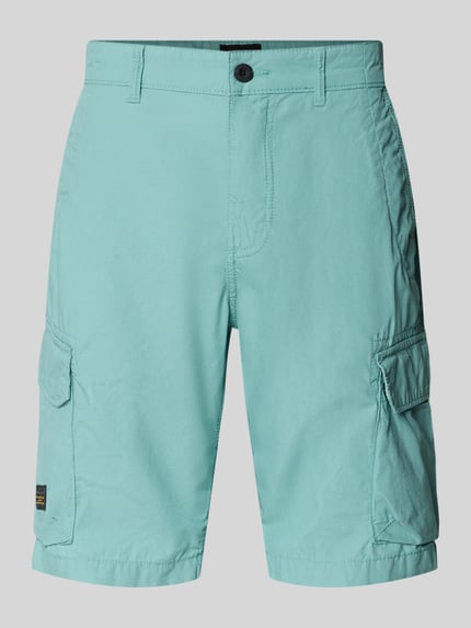 Produktfoto, Bermudas mit Cargotaschen von camel active in hellem Türkis, Reine Baumwolle, Regular-Fit, Eingrifftaschen, Label-Detail, Bundweite 44 cm, Innenbeinlänge 26 cm, Größe 32