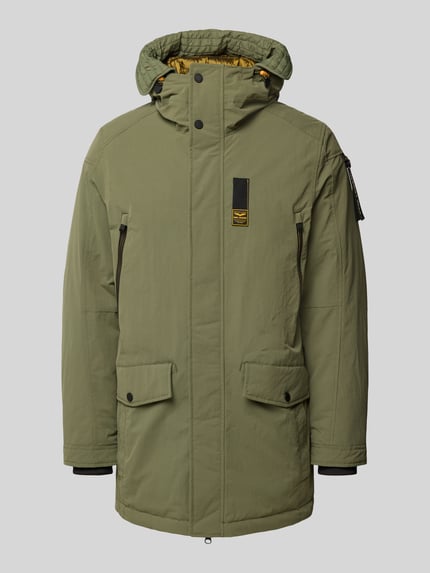 Produktfoto, Parka met Label-Detail van PME Legend in olijfgroen, regular fit met capuchon, rits en klepzakken, textuur mat, rechte vorm