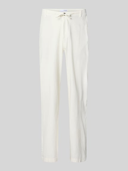 Produktfoto, Loose Fit Hose aus Baumwoll-Leinen-Mix Modell 'BRODY' von SELECTED HOMME, Optik: Unifarben, leicht strukturierte Flammgarn-Oberfläche, Tunnelzug, seitliche Eingrifftaschen, Knopf und verdeckter Reißverschluss, Label-Patch, Passform: Loose-Fit, Farbe: Creme, Materialverarbeitung: Baumwoll-Leinen-Mix