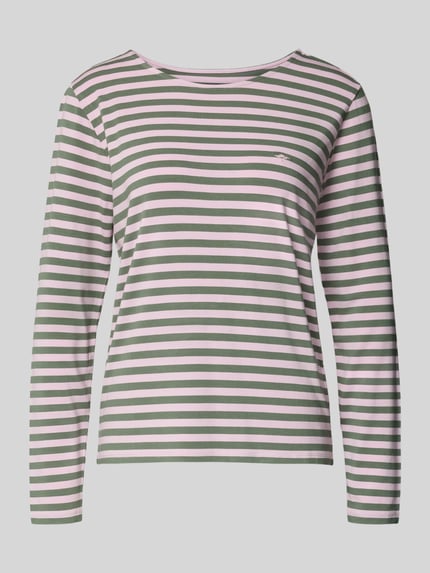 Produktfoto, Regular Fit Longsleeve aus Viskose-Mix von Fynch-Hatton im rosa-oliv Streifendesign, Logo-Stitching, Damen, Rundhalsausschnitt, Rückenlänge 60 cm bei Größe S