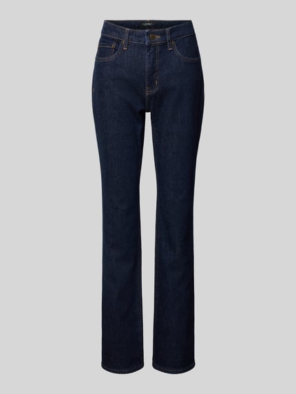 Produktfoto, dunkelblaue Jeans mit 5-Pocket-Design von Lauren Ralph Lauren, gerader Schnitt, Baumwoll-Elasthan-Mix, grauer Hintergrund