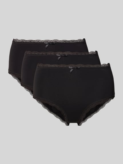 Productfoto, Slip met kanten rand in 3-pack van DORINA, zwart, katoen-elastaanmix, strakke pasvorm, strikdetail, damesondergoed