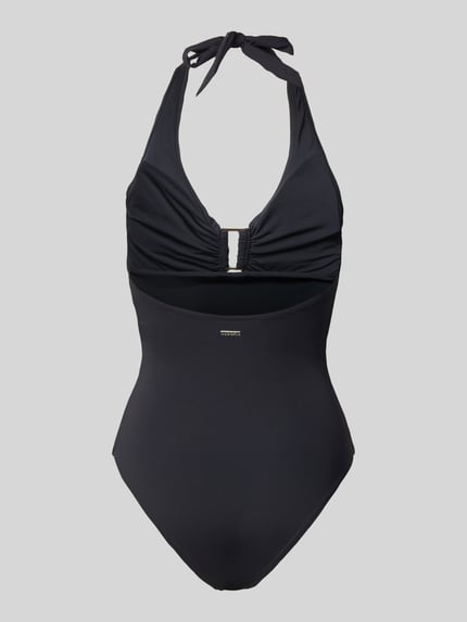 Produktfoto, Neckholder-Badeanzug Modell 'MONOCHROME BEACH' von JOOP! Collection, czarny, elastyczny materiał, dopasowany fason, detal z logo
