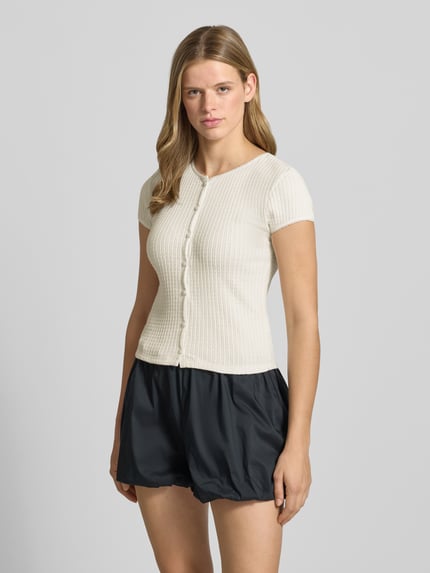 REVIEW slim fit T-shirt met doorlopende knoopsluiting model 'AJOUR' Offwhite - 4