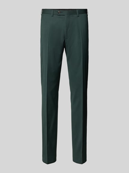 Produktfoto, dunkelgrüne Slim Fit Anzughose mit Bügelfalten Modell 'Move Apollo' von DIGEL aus Schurwoll-Elasthan-Mix, glatte Textur, Gesäßtaschen, Bundweite 35 cm, Innenbeinlänge 80 cm bei Größe 50