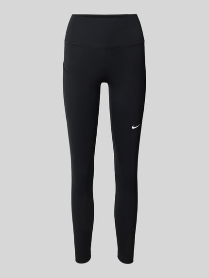 Produktfoto, schwarze Slim Fit Leggins mit Logo-Print von NIKE TRAINING aus elastischem Material-Mix, breiter Bund, minimalistische Optik.