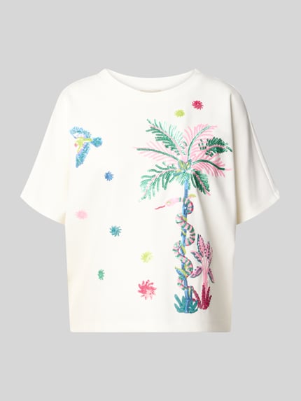 Produktfoto, Relaxed Fit T-Shirt mit Pailletten von Milano Italy, damski t-shirt z mieszanki wiskozy z dodatkiem streczu, krój relaxed fit, cekiny, okrągły dekolt, długość tyłu w rozmiarze S: 55 cm, kolor biały z kolorowymi detalami, kształty roślinne