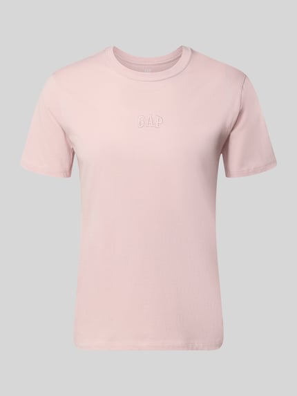 Produktfoto, T-Shirt mit Rundhalsausschnitt und Label-Stitching von GAP in zartem Rosa, Reine Baumwolle, Regular-Fit, Rückenlänge 69 cm.