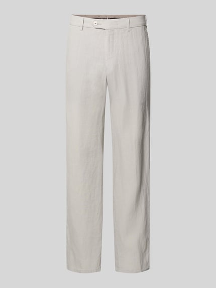 Produktfoto, Straight Fit Leinenhose aus reinen Leinen Modell 'Lynx' von Mmx, kolor jasny, prosty krój, tekstura lniana, kieszenie z tyłu, zapięcie na guzik i zamek błyskawiczny, szerokość w rozmiarze 32/32: 43 cm, długość wewnętrzna nogawki: 81 cm