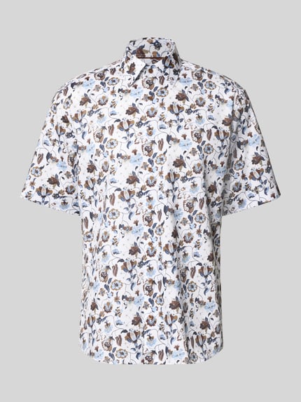 Produktfoto, Comfort Fit Business-Hemd aus Baumwolle mit Kentkragen von ETERNA, weiß-blauer Allover-Look, strukturierte Oberfläche
