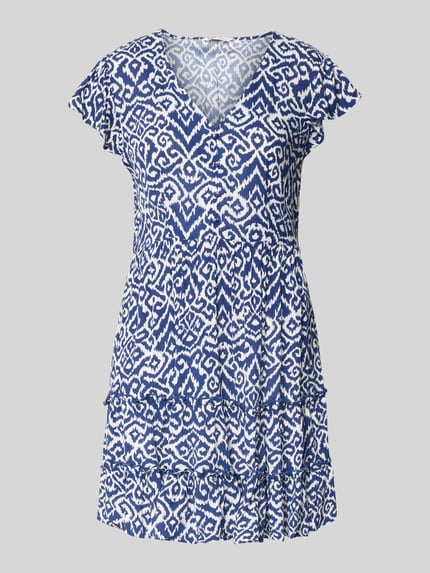 Produktfoto, Tailliertes Freizeitkleid aus reiner Viskose Modell 'CLAUDETTE' von Only mit blau-weißem Allover-Muster, Mini-Länge, V-Ausschnitt, kurzer Knopfleiste und Volantsaum, Webware-Struktur