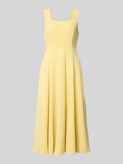 Produktfoto, sukienka midi z szerokimi ramiączkami w kolorze jasnożółtym, linia a, okrągły dekolt, model 'ARLOTT' od Ted Baker, zamek błyskawiczny z tyłu, długość tyłu w rozmiarze 36: 107 cm, szerokość w rozmiarze 36: 44 cm