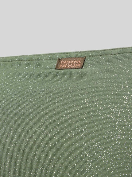Produktfoto, Bikini-Slip mit seitlicher Schnürung Modell 'MASSA SPARKLESUN' von Banana Moon, grüner Material-Mix mit Stretch-Anteil, feine Glitter-Details, Körpernahe Passform