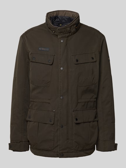 Produktfoto, Jacke mit Stehkragen und Pattentaschen von camel active, Regular Fit in Dunkelbraun mit Knopfleiste und aufgesetzten Taschen