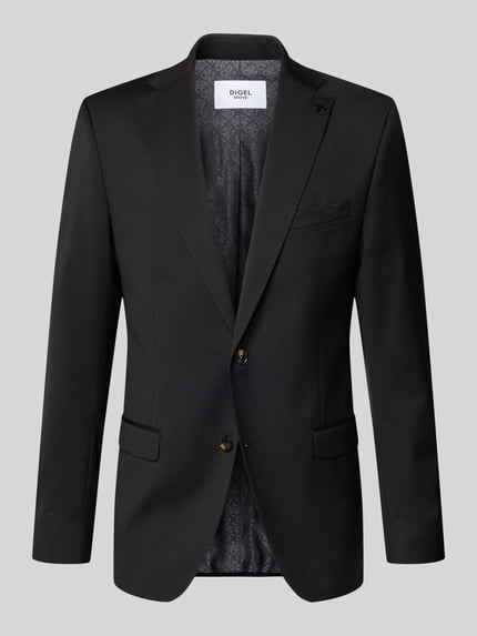 Produktfoto, schwarzes Slim Fit 2-Knopf-Sakko mit Pattentaschen Modell 'Move Alesso' von DIGEL aus Schurwoll-Elasthan-Mix, Reverskragen, Rückenlänge 74 cm, Schulterbreite 46 cm, Ärmellänge 67 cm bei Größe 50