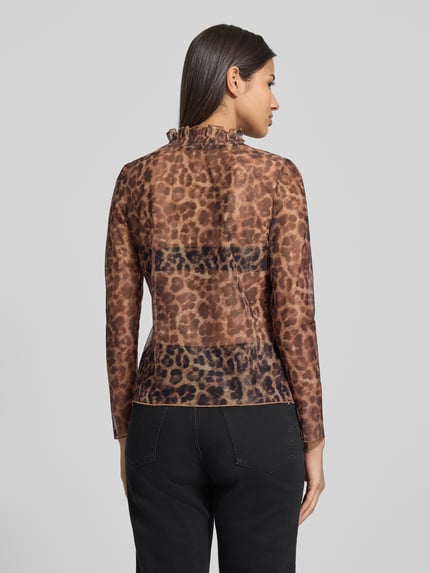 Oui Semitransparentes Longsleeve mit Rüschen Camel 5