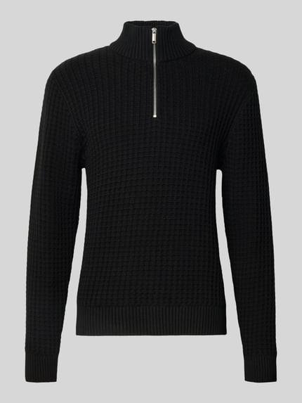 Produktfoto, Regular Fit Troyer in Waffel-Struktur Modell 'TOM' van SELECTED HOMME, zwart, biologisch katoen, structuur, lange mouwen, ribboorden