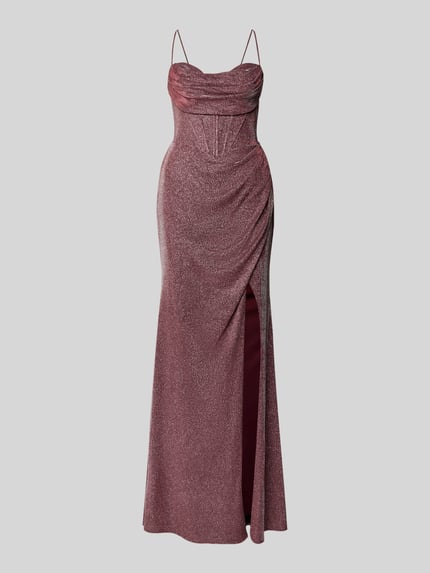Produktfoto, Abendkleid mit rückseitiger Schnürung von Luxuar in schimmernder A-Linie, Maxikleid mit Gehschlitz, Corsagenkleid, fliederrosa Farbton, strukturierte Oberfläche, Rückenlänge 145 cm, Brustweite 35 cm.