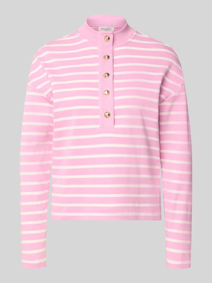 Produktfoto, Ringel Polo Shirt mit Schmuckknopf von Christian Berg Woman in Rosa mit weißen Streifen, gerippter Stehkragen, kurze Knopfleiste