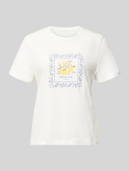 Produktfoto, Regular Fit T-Shirt aus reiner Baumwolle von Tom Tailor, Damen T-Shirt in Optik: Unifarben mit Motiv-Print, Rundhals, Kurzarm, weiße glatte Oberfläche, Print in Gelb und Blau, Material: Reine Baumwolle