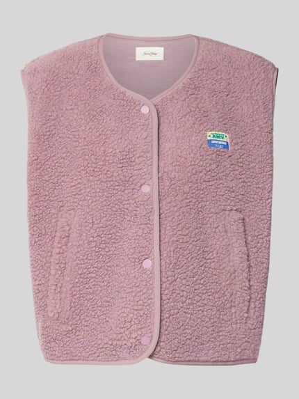 Produktfoto, Relaxed Fit Weste aus Teddyfell Modell 'Hoktown' von American Vintage in Rosa mit Logo-Patch und Knopfleiste, weiche Textur