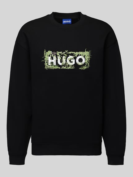Produktfoto, relaxed fit Heren sweatshirt van pure katoen Model 'Niviocrew' van HUGO, effen kleur, bloemenmotief, labelprint, motiefstitching, ronde hals, lange mouw, geribde boorden, sweatmateriaal, textuur glad