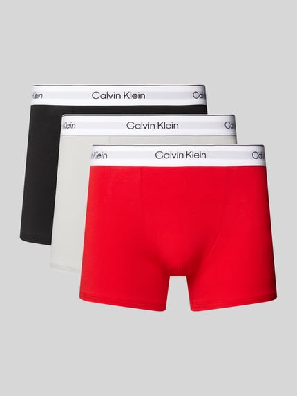 Produktfoto, Pants mit elastischem Logo-Bund im 3er-Pack von CALVIN KLEIN UNDERWEAR in Schwarz, Weiß und Rot, Jersey-Struktur, unifarben, Logo-Schriftzug auf Bund