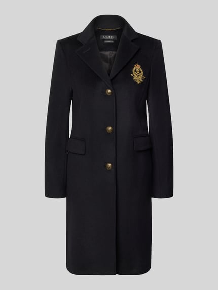 Produktfoto, dunkelblauer Regular Fit Mantel aus Woll-Kaschmir-Mix von Lauren Ralph Lauren mit goldenen Knöpfen und Emblem auf grauem Hintergrund