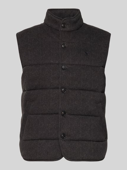 Produktfoto, Regular Fit Steppweste aus reiner Baumwolle von Polo Ralph Lauren in Optik: Unifarben Melange, Fischgrätenmuster, Label-Stitching-Applikation, Stehkragen, einreihige Knopfleiste, seitliche Eingrifftaschen, Rumpfabschluss leicht abgerundet, Material: reine Baumwolle.