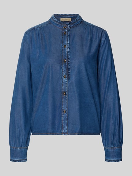 Produktfoto, Jeansbluse aus Lyocell-Mix von Smith and Soul in Dunkelblau mit Stehkragen, Rüschen, Knopfleiste, Regular Fit, Damenmode
