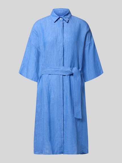 Produktfoto, Regular Fit Leinenkleid aus reinen Leinen Modell 'Derby' von 0039 Italy in Blau mit Umlegekragen, Halbarm, Knopfleiste, abnehmbarem Stoffband, semitransparente Struktur, taillierte Passform
