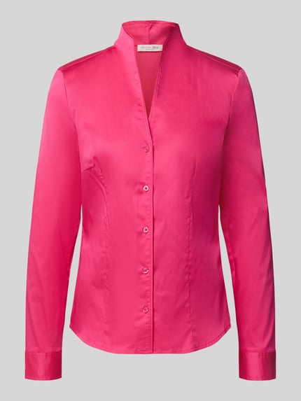 Produktfoto, Regular Fit Hemdbluse aus Baumwoll-Mix von Christian Berg Woman in kräftigem Pink mit Stehkragen und durchgehender Knopfleiste, taillierte Passform, Langarm, glatte Textur, elastischer Baumwoll-Mix