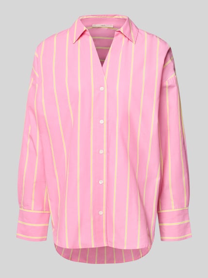 Produktfoto, Relaxed Fit Hemdbluse mit V-Ausschnitt von Lanius in Rosa mit gelben Streifen, reine Baumwolle, Knopfleiste, Struktur glatt.