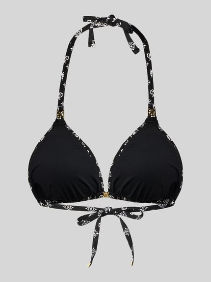 Produktfoto, schwarzes Bikini-Oberteil in Triangel-Form Modell 'SOLEIL' von Guess, feiner Material-Mix mit Stretch, dezenter Glanz, Schnürung