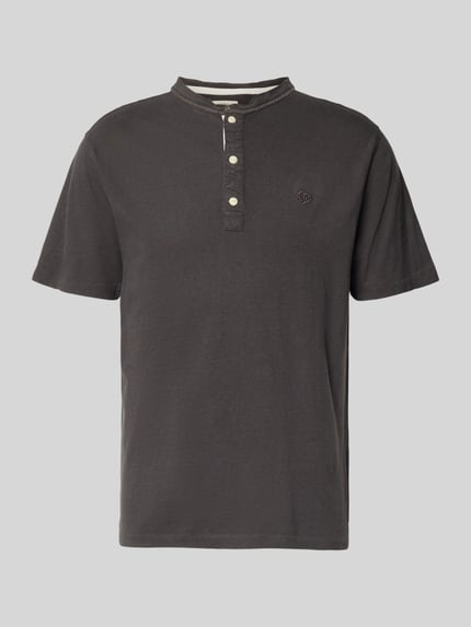 Produktfoto, T-Shirt mit kurzer Knopfleiste von Superdry aus Baumwoll-Mix mit Leinen-Anteil, Regular Fit, Polokragen, graue Farbe, Logo-Stitching