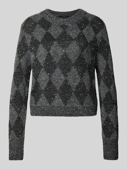 Produktfoto, Strickpullover im Allover-Look mit Rundhalsausschnitt von Oui, grau gemusterter Material-Mix mit Woll-Anteil, Regular Fit