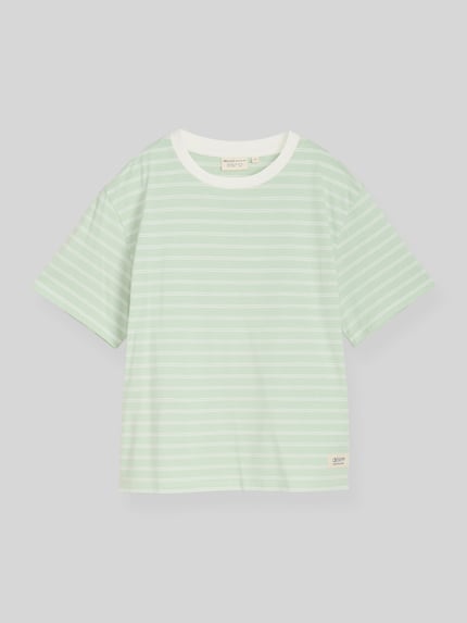Productfoto, Relaxed Fit T-Shirt aus reiner Baumwolle van Tom Tailor Denim met all-over gestreept patroon, logo-patch, lichtgroen-wit, jersey, ronde hals, korte mouw, katoen.