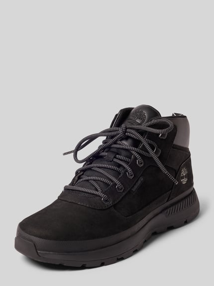 Productfoto, zwarte Heren sneakers van Timberland, Leermix, afgeronde pasvorm, logodetail, Hakhoogte maat 44: 4 cm, Schachthoogte 8 cm, Schachtbreedte 10 cm, Model 'Trekker'