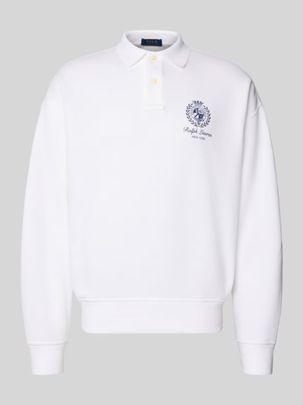Produktfoto, weißes Regular Fit Sweatshirt aus Baumwoll-Mix von Polo Ralph Lauren, unifarben mit Label Print, Polokragen, gerippte Abschlüsse