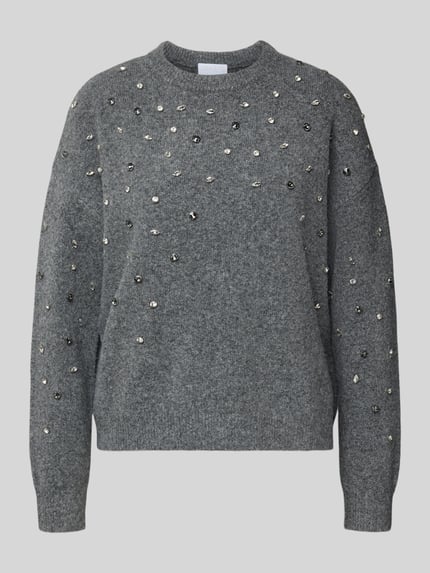 Jake*s Collection Strickpullover mit Woll-Anteil und Ziersteinbesatz Dunkelgrau Melange 2