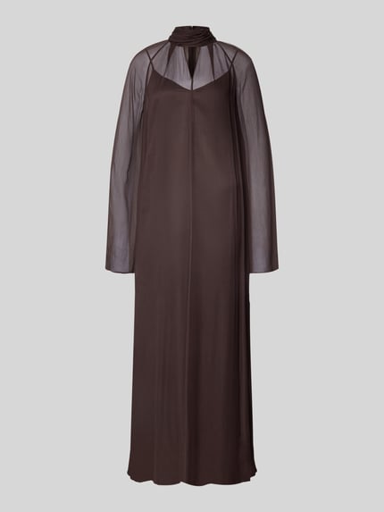 Productfoto, Maxikleid aus Viskose mit Stehkragen Modell 'ESTHER' van Staud, losvallend, donkerbruin, semi-transparant, rechte lijnen
