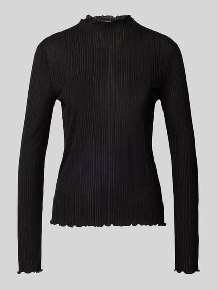 Produktfoto, czarna bluzka z długim rękawem z mieszanki wiskozy, krój slim fit, model 'Sivi' od OPUS, stójka, faliste wykończenie, długość tyłu 60 cm dla rozmiaru 36