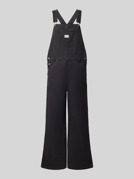 Produktfoto, Jumpsuit aus reiner Baumwolle in Denim-Optik von GUESS, dunkelgrau, lockerer Schnitt, sichtbare Knöpfe und Brusttasche, Regular Fit, verstellbare Träger, Gürtelschlaufen, strukturierte Baumwolltextur, Damenmode