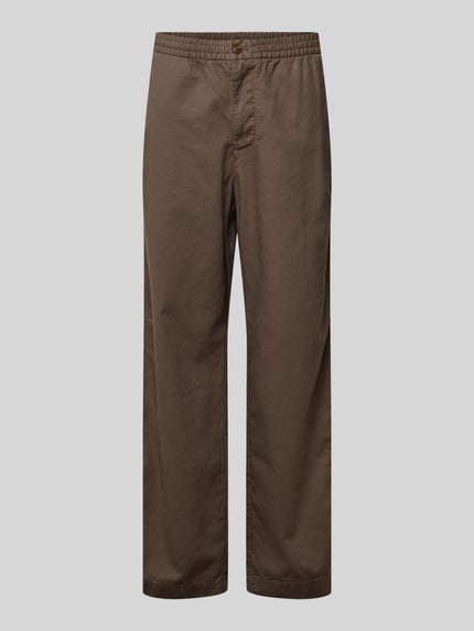 Produktfoto, Leinenhose mit elastischem Bund und Eingrifftaschen von GAP in Braun, aus Leinen-Baumwoll-Mix, Loose-Fit, mit Knopf-Reißverschluss, französischen Eingrifftaschen und Gesäßleistentaschen, Bundweite bei Größe M 43 cm, Innenbeinlänge bei Größe M 80 cm.